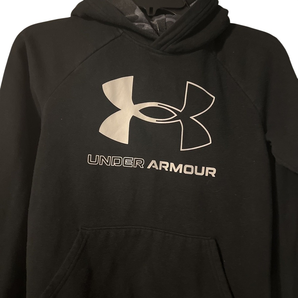 Under Armour Youth Medium Black Logo Hoodie Camo‎ Lined Hood Pullover Sweatshirt - Picture 3 of 6